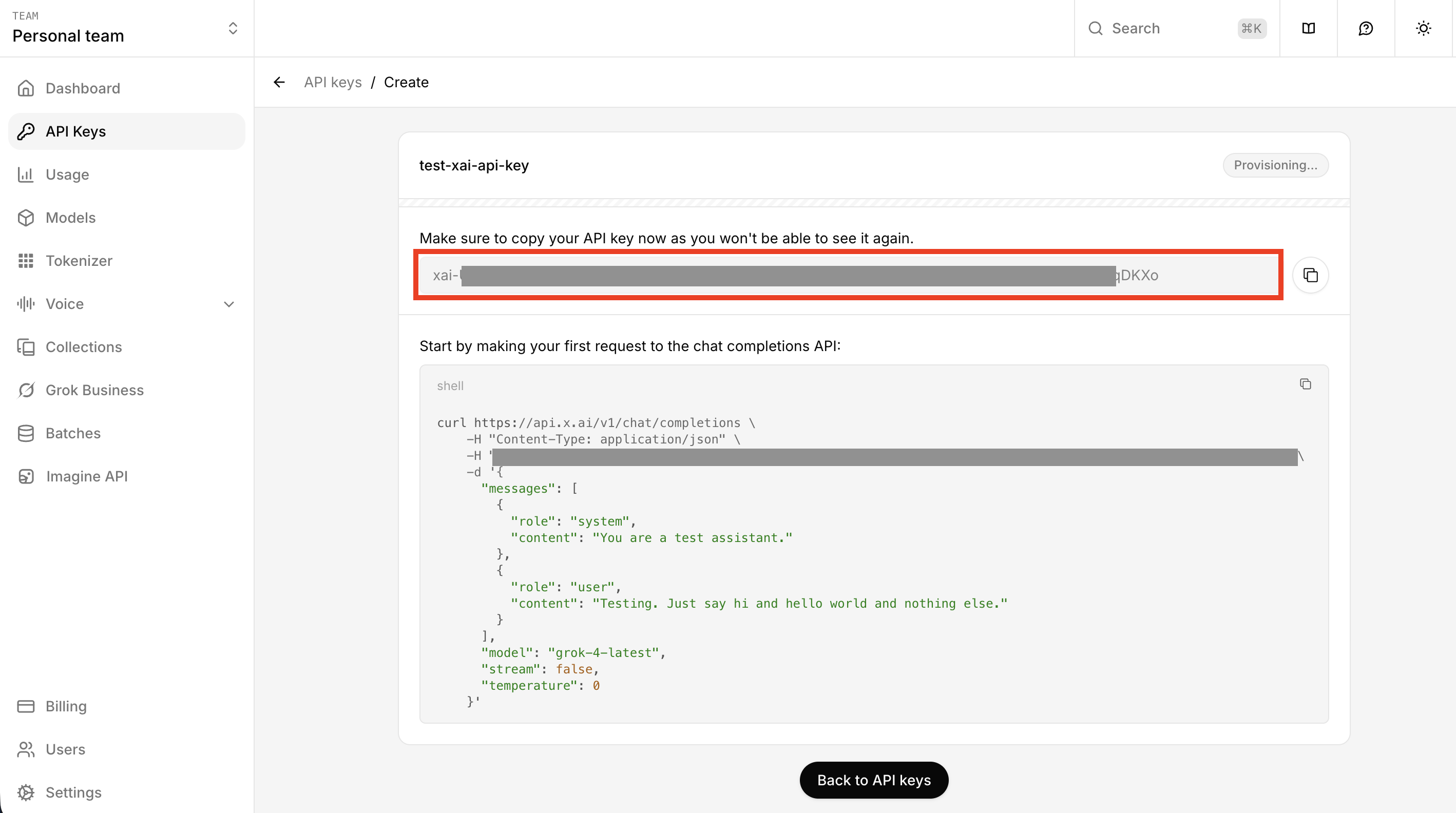 APIキー作成完了画面（キーのコピーとcurlサンプル）