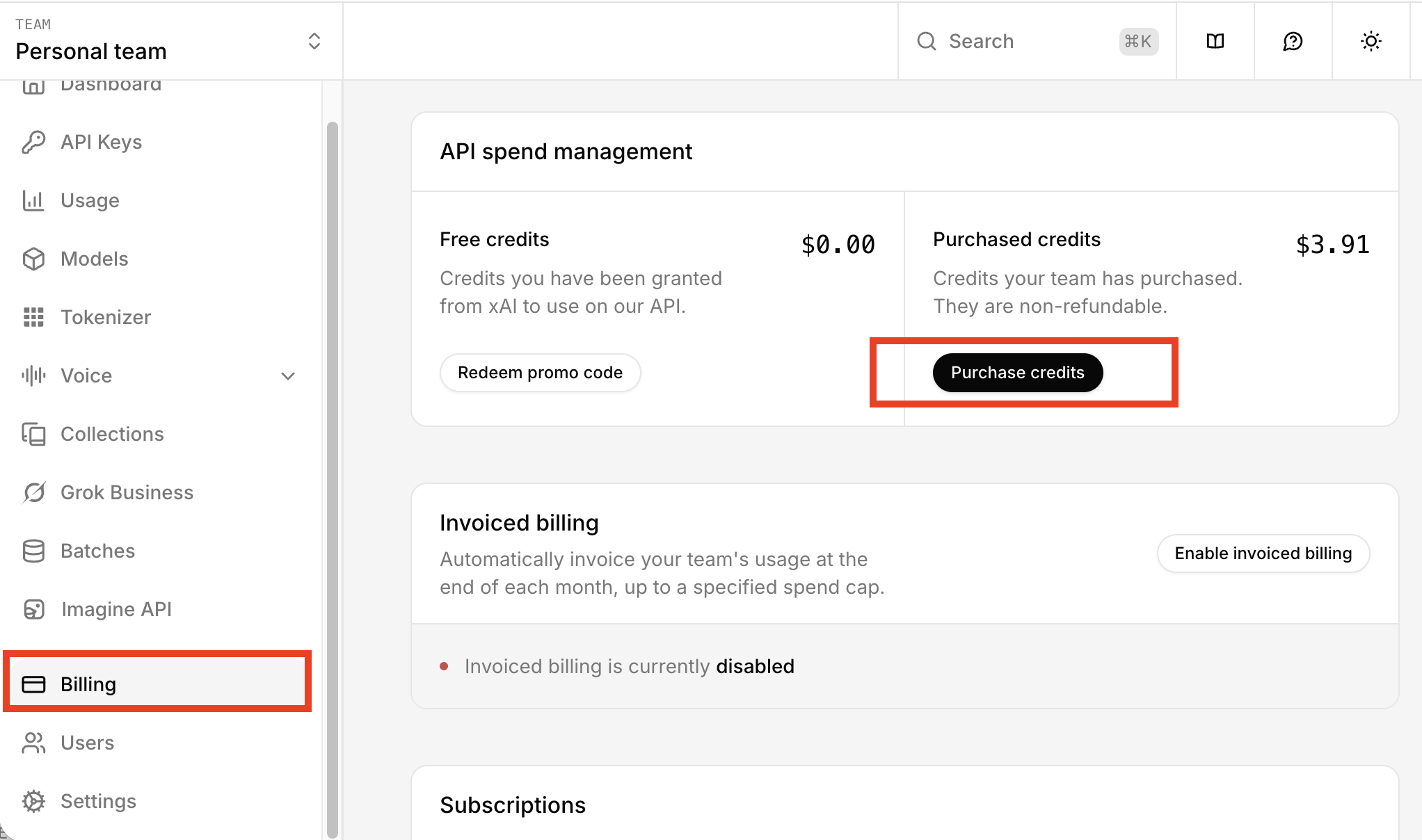 BillingメニューのPurchase creditsボタン