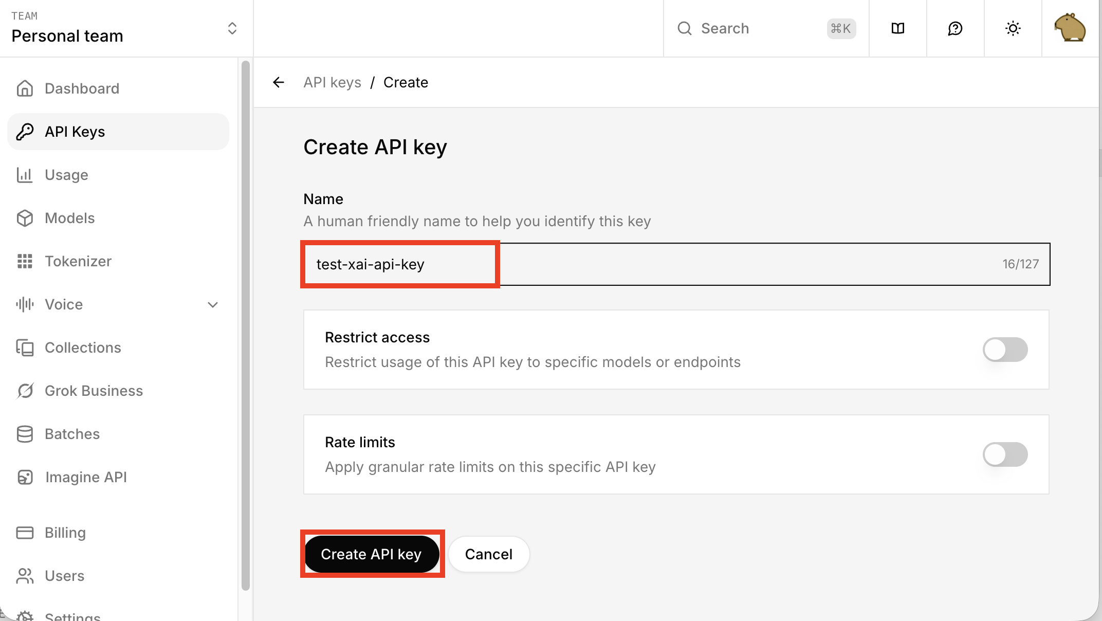 APIキー作成画面（名前入力）