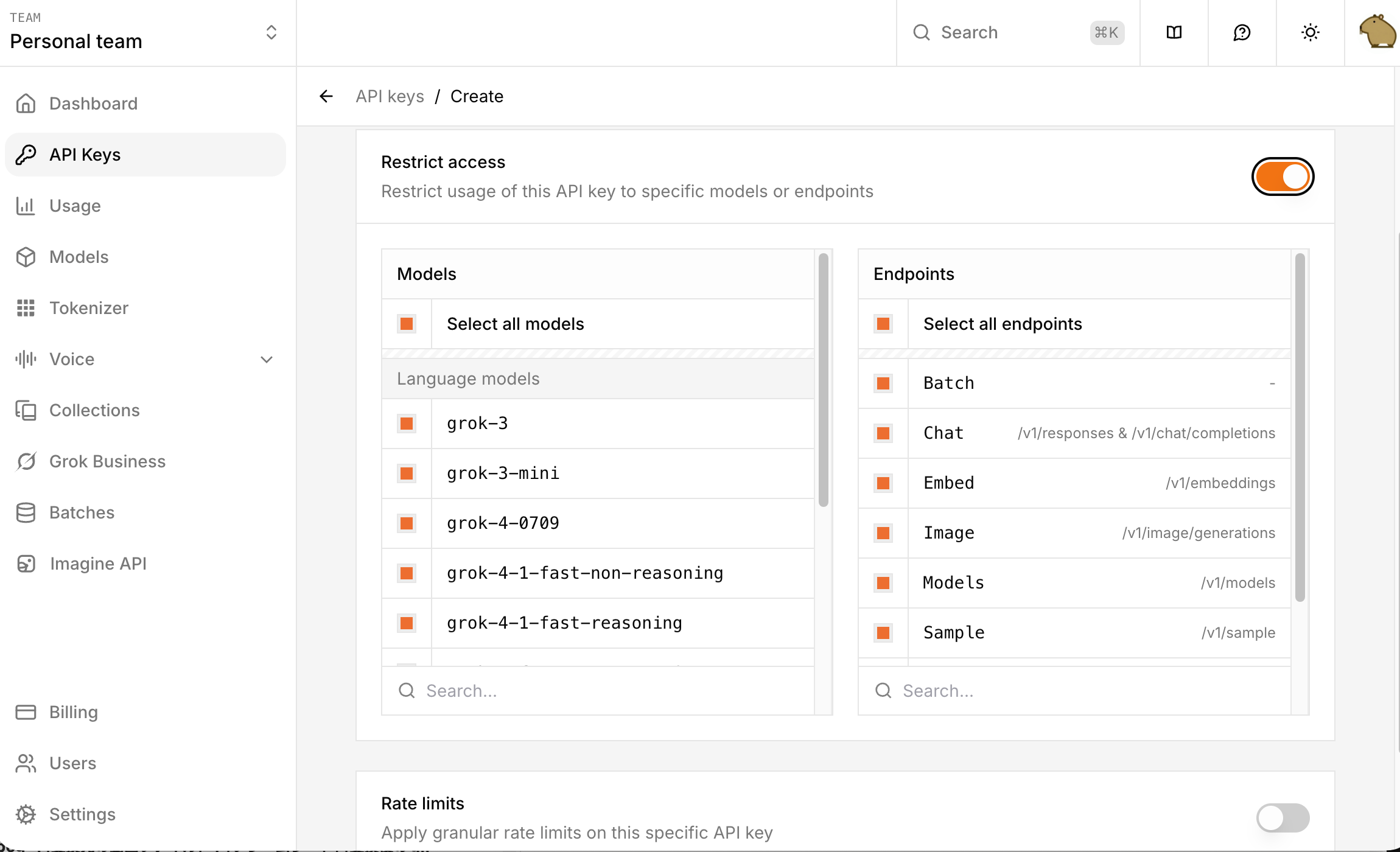 Restrict accessを有効にした場合の設定画面（モデル・エンドポイント選択）