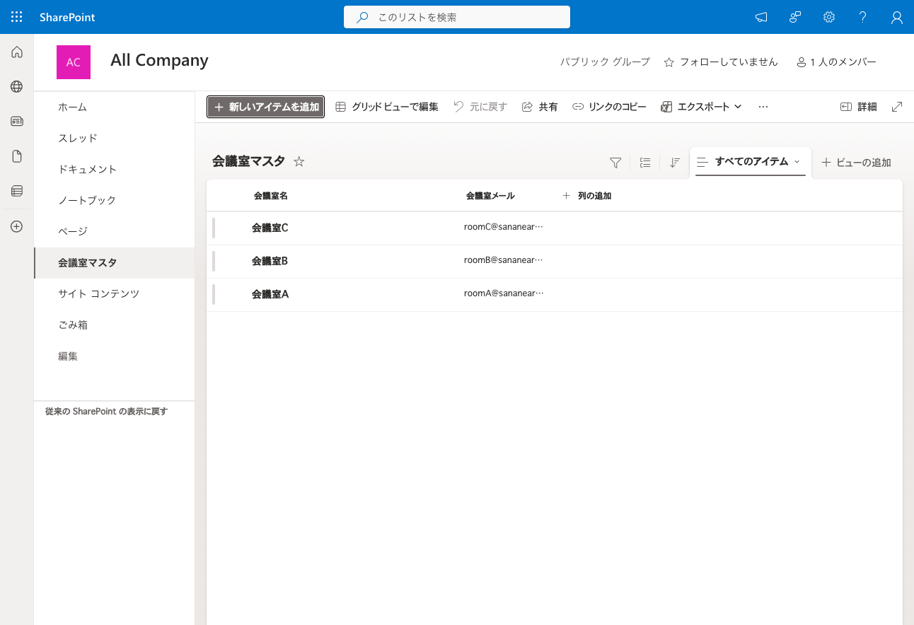 会議室A・B・Cと各メールを登録し終えたSharePointリスト「会議室マスタ」