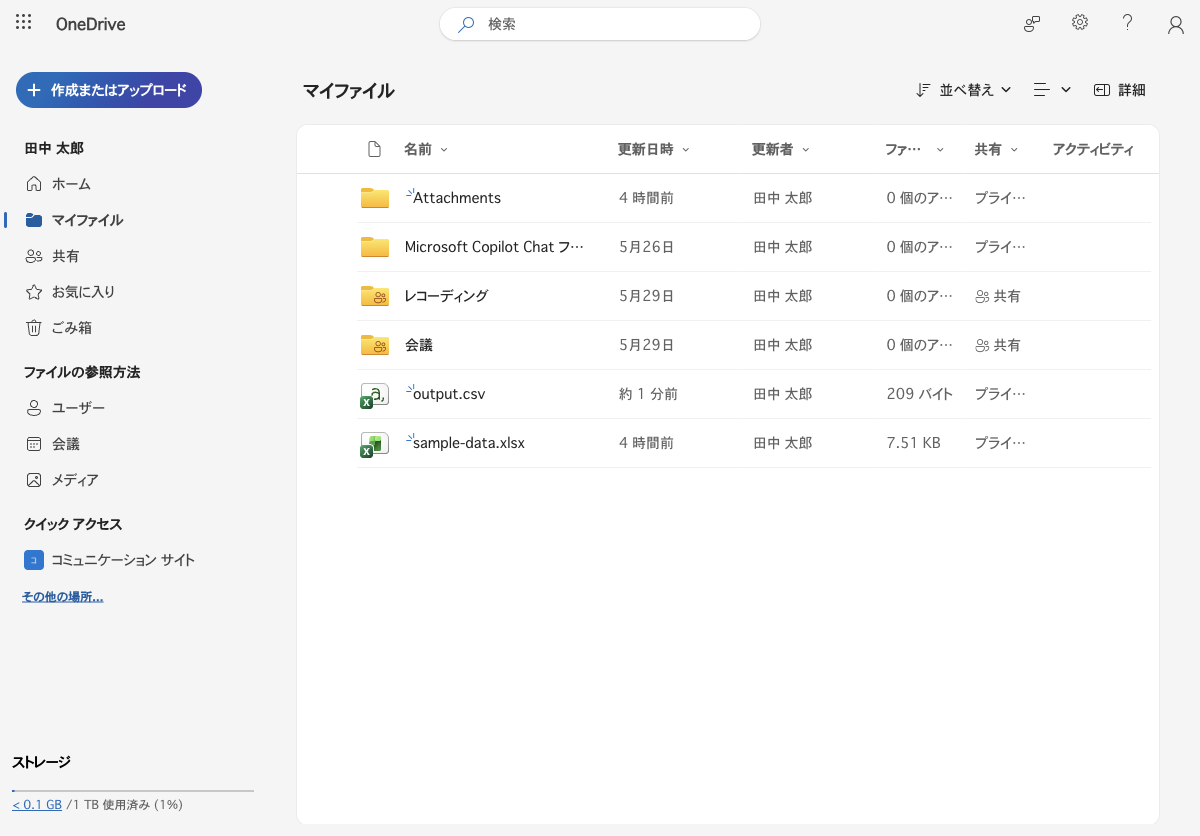 BOM 付き UTF-8・カスタム列で出力し直した output.csv が OneDrive に保存された状態