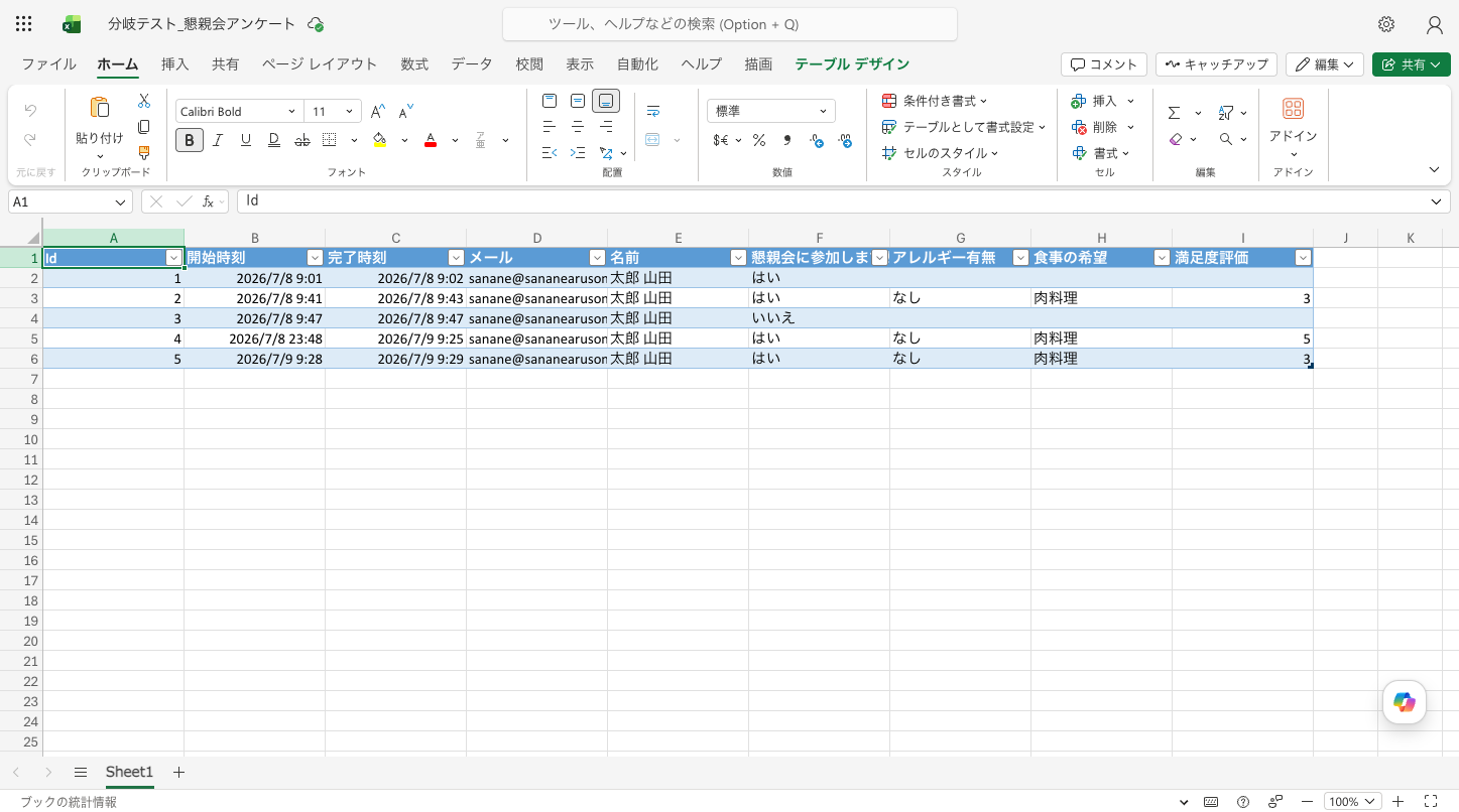 生成直後のExcel for the webブック。既存回答5件がテーブルとして入っている
