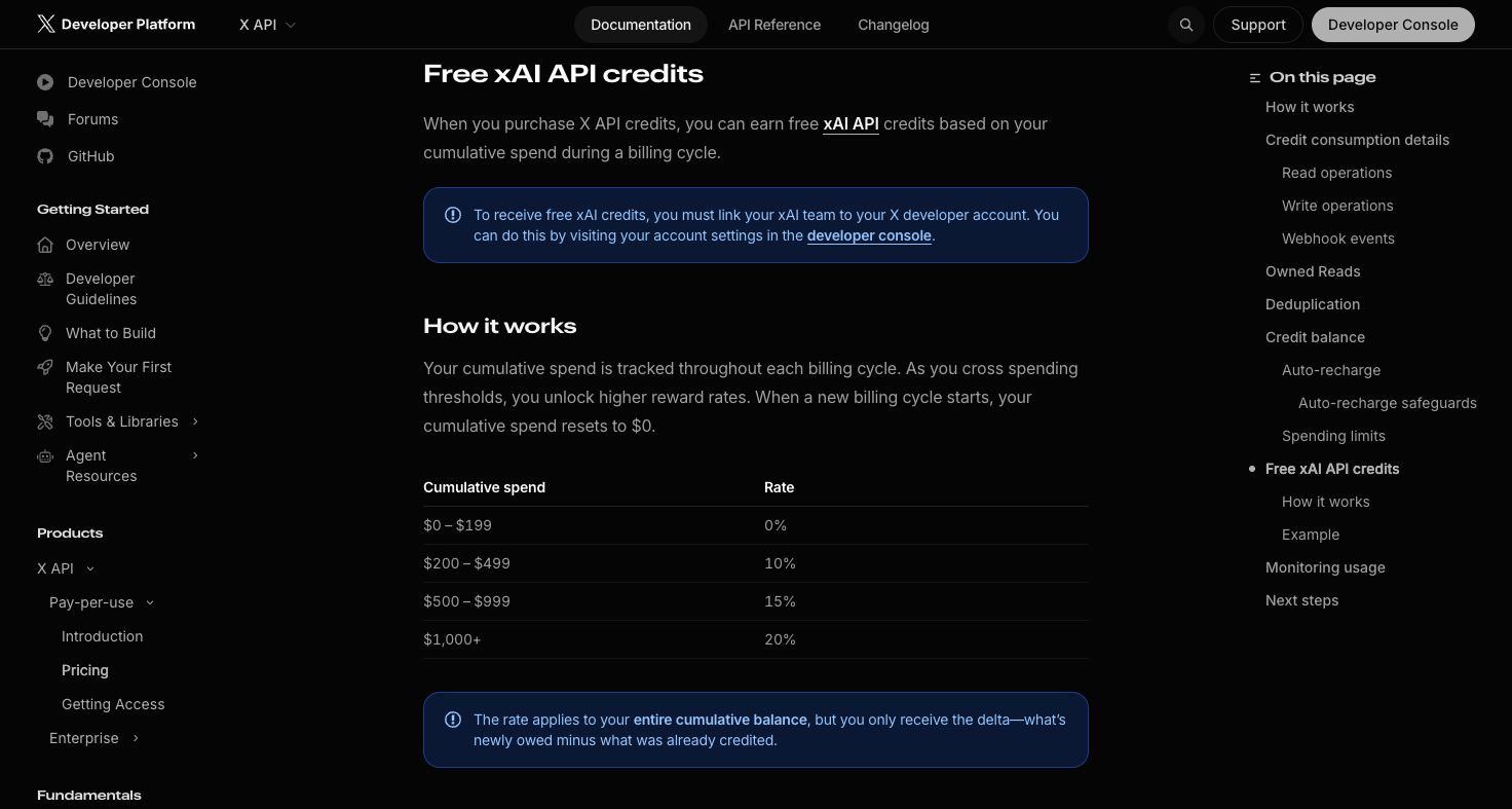 xAI APIへの無料クレジット還元テーブル