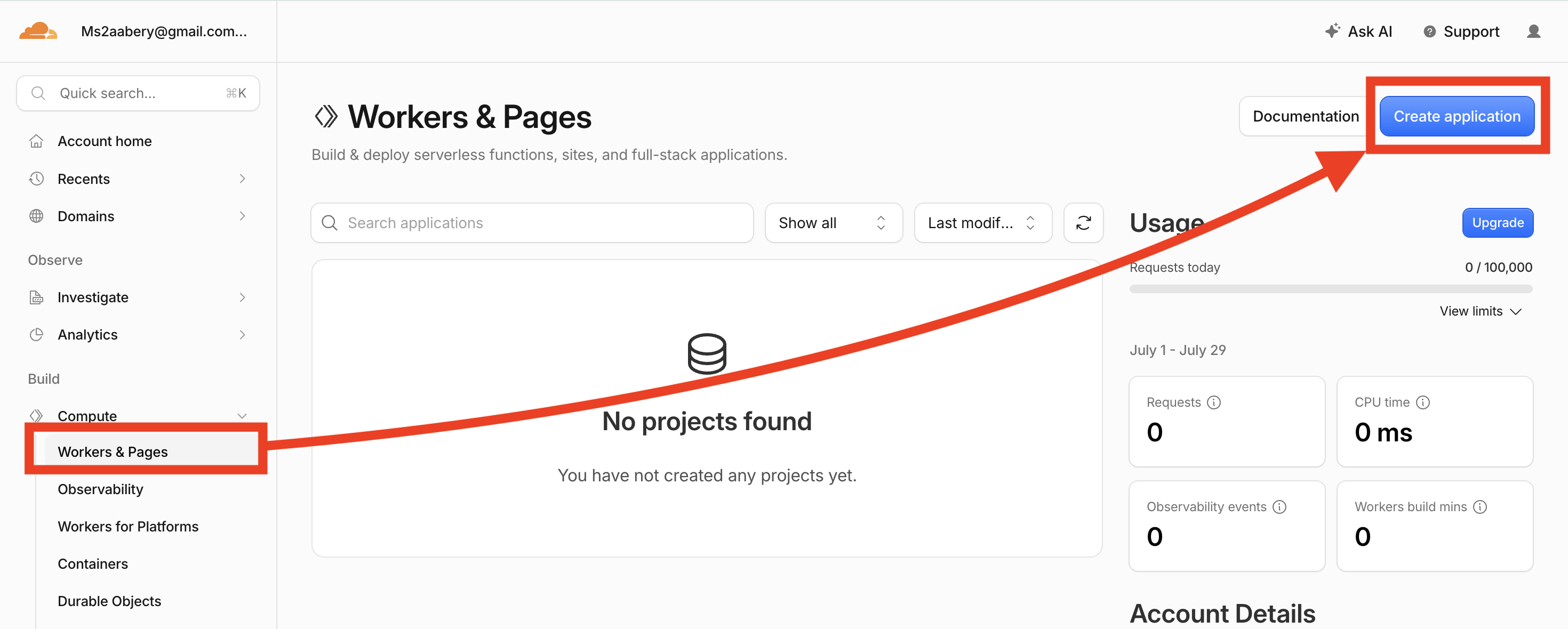Cloudflareの[Workers & Pages]画面で[Create application]をクリックする画面