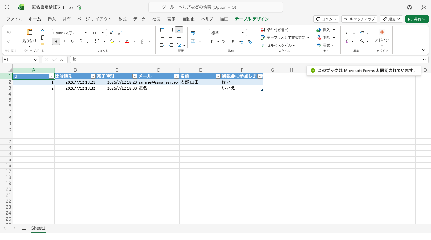 同期ExcelでID1行は実名のまま、ID2行はメール列が匿名で名前列が空欄になっている画面