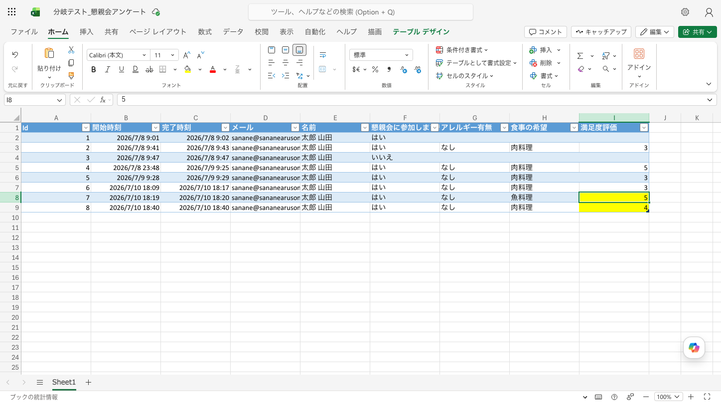 新規回答の行にも黄色の書式が自動継承された画面