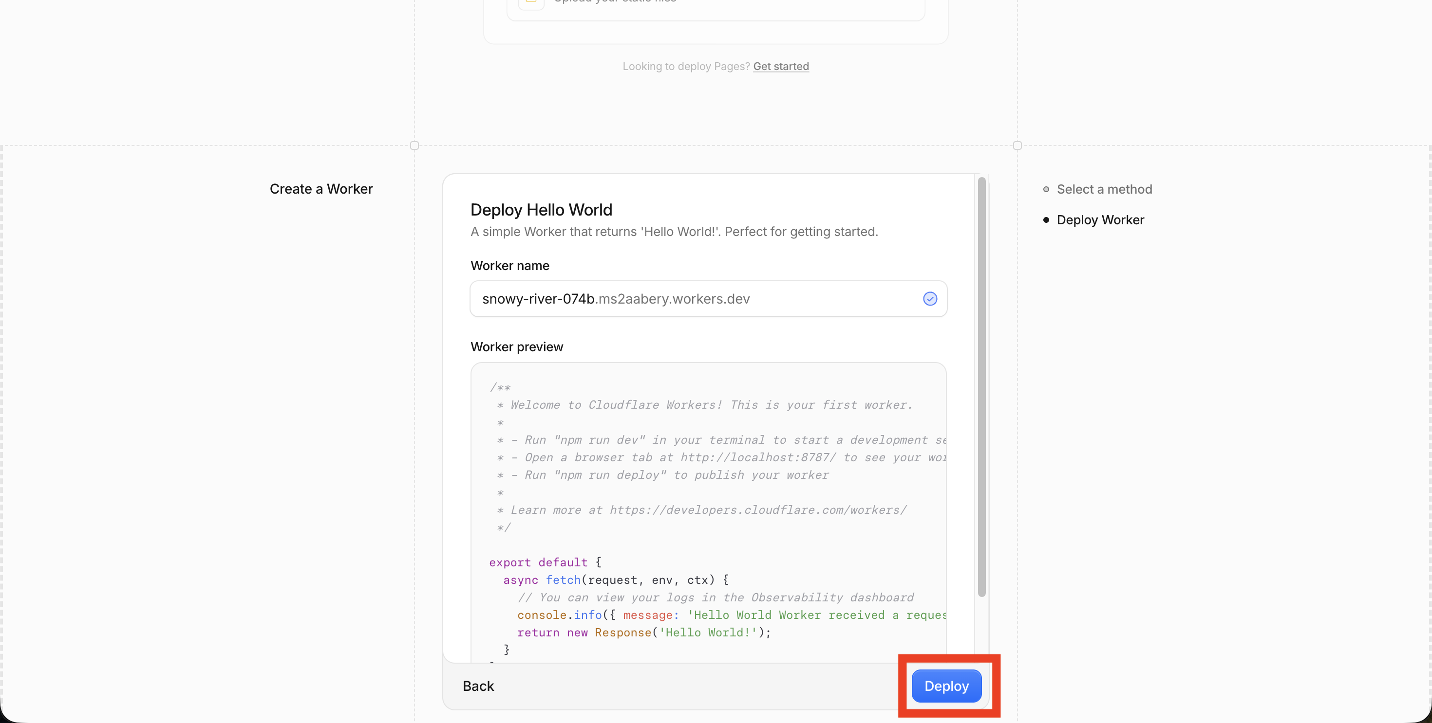 [Deploy Hello World]画面でWorker nameを入力し[Deploy]をクリックする画面