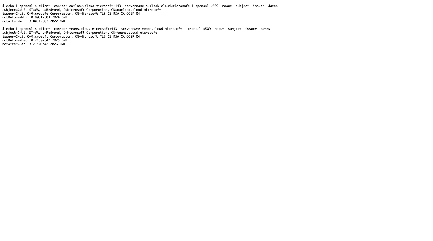 opensslでTLS証明書を確認した結果。SubjectとIssuerの両方がMicrosoft Corporation