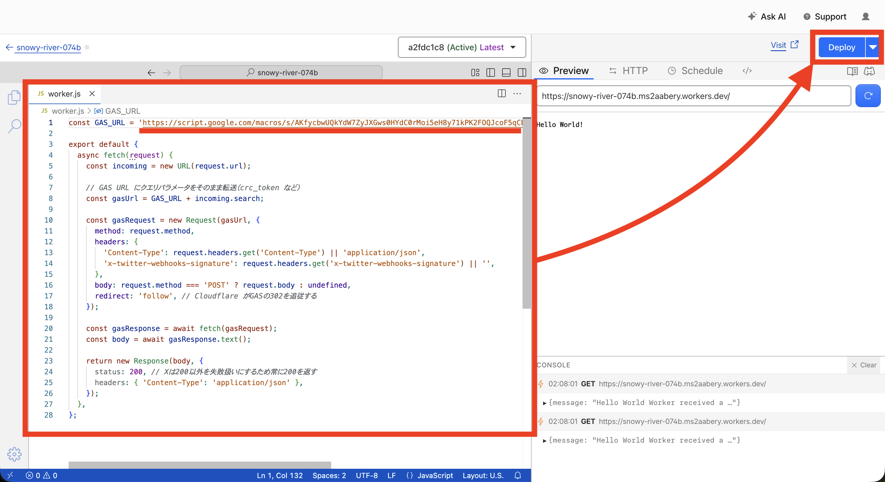 Cloudflareのコードエディタでworker.jsのGAS_URLを書き換え[Deploy]をクリックする画面