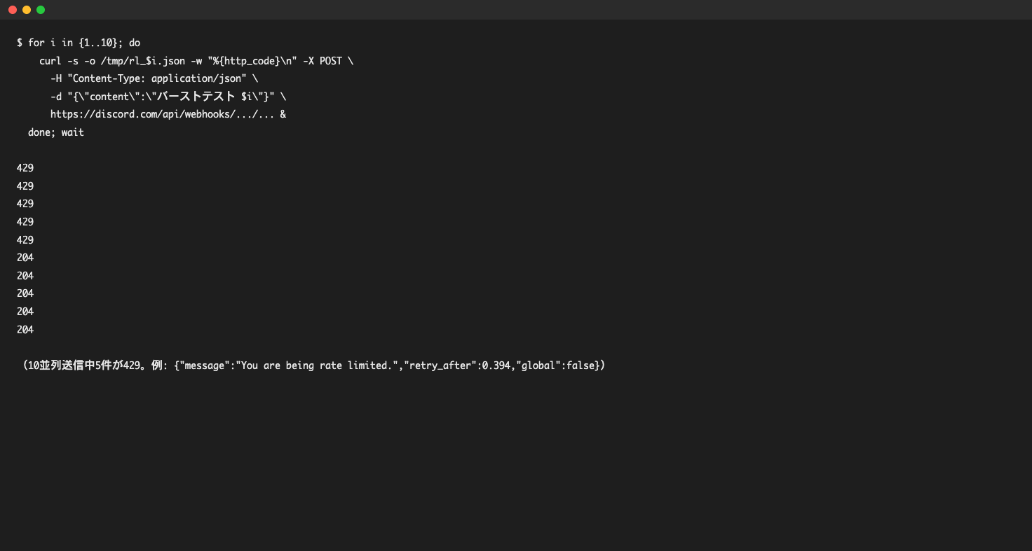 10並列送信で429レスポンスとretry_afterが返るターミナル画面