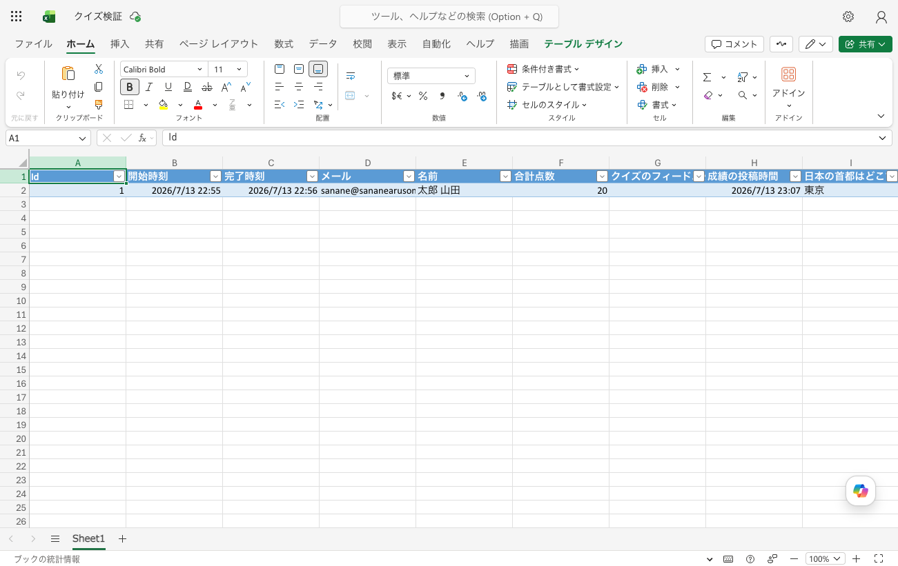Excelにエクスポートされたクイズ結果。合計点数と成績の投稿時間の列が追加されている