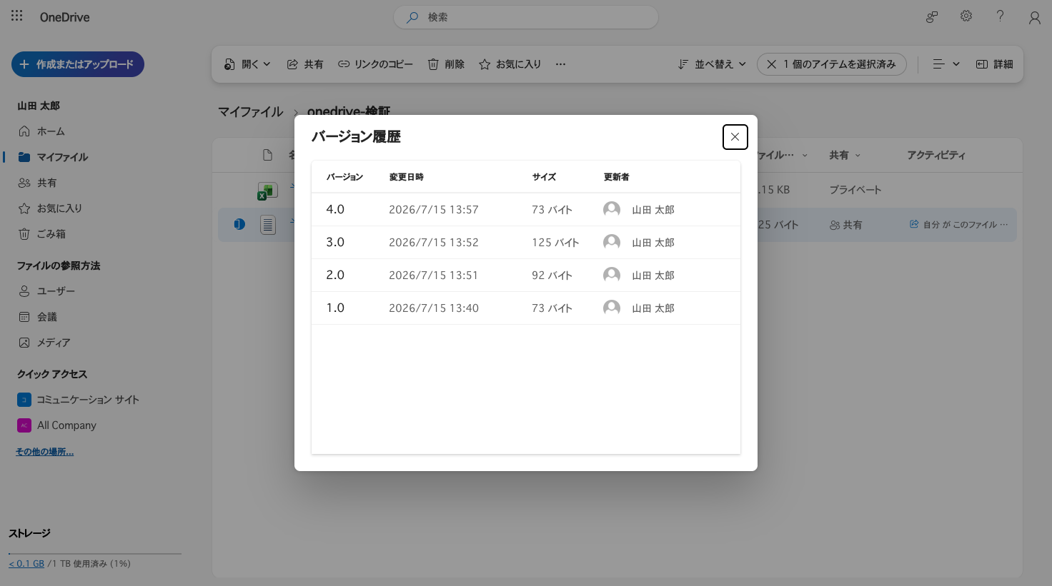 復元実行後のバージョン履歴。復元した内容が新しいバージョン4.0として追加されている