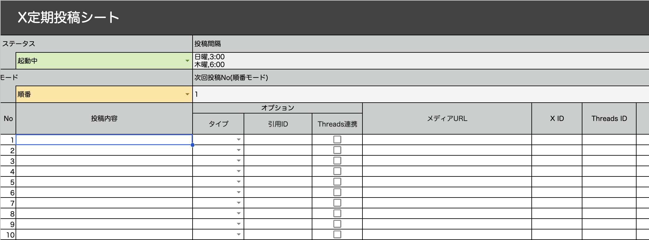 設定後、[ステータス]が起動中になり[投稿間隔]に「日曜,3:00 木曜,6:00」と表示された状態