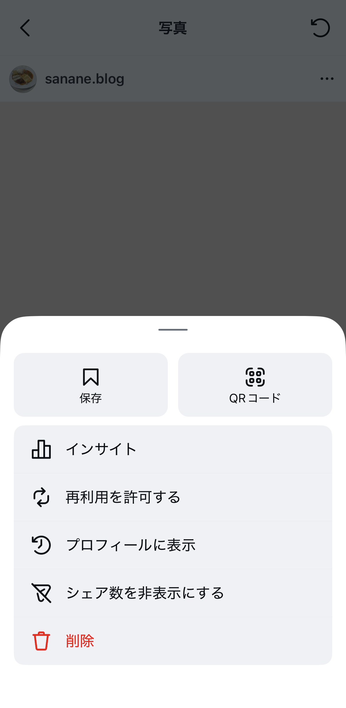 Instagramアプリのアーカイブ済み投稿のメニュー。プロフィールに表示と削除が並んでいる