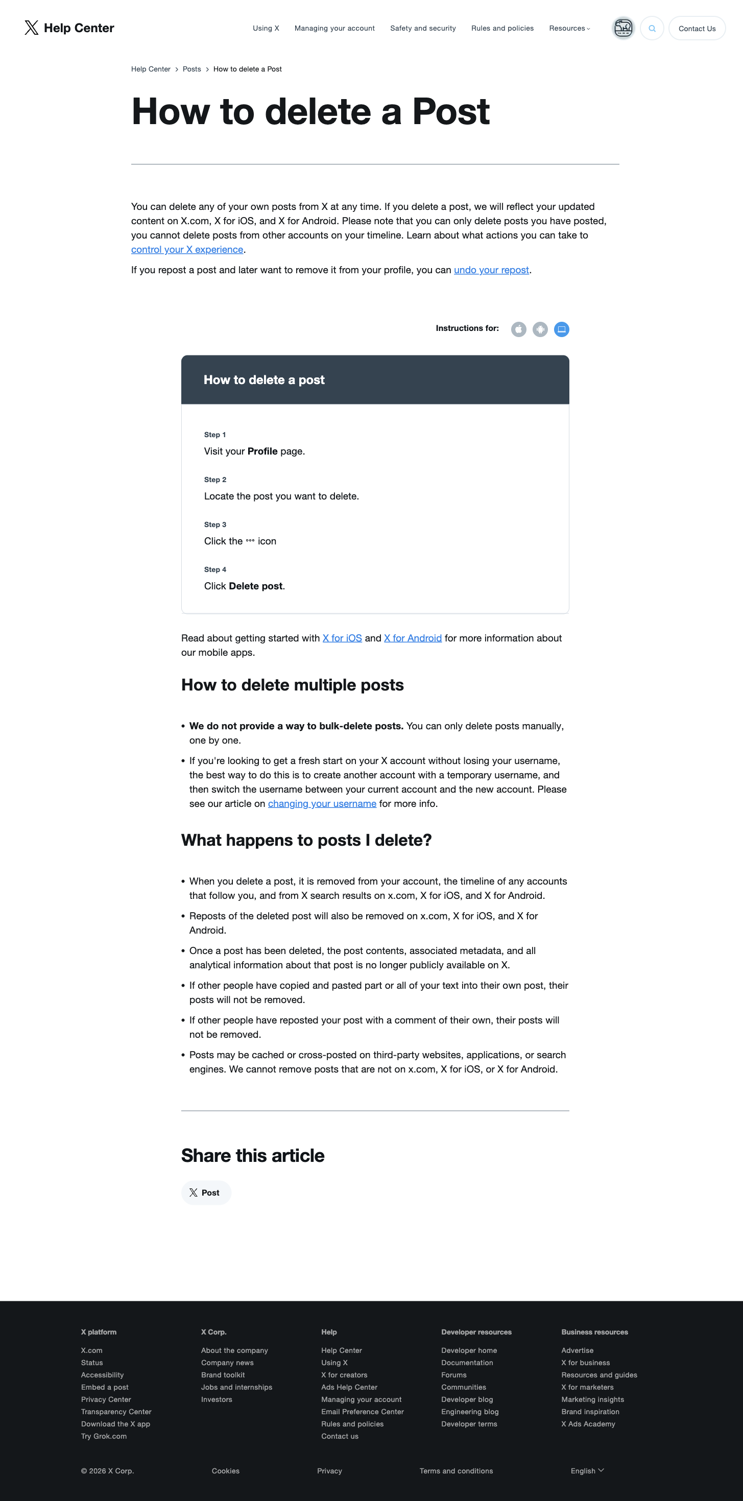 Xの公式ヘルプ「How to delete a Post」の記載内容