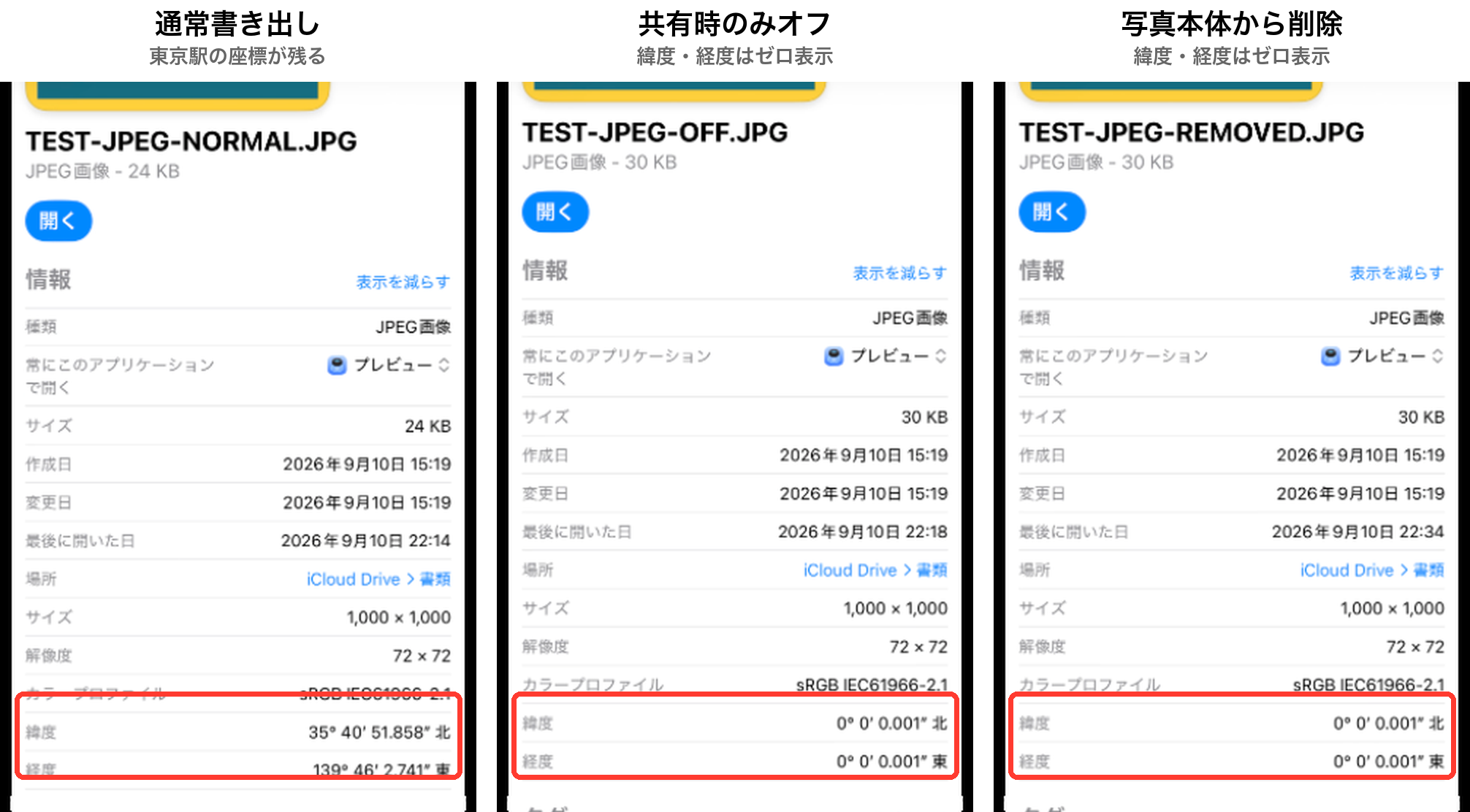 書き出した3ファイルの情報画面の比較。通常書き出しだけ東京駅の緯度・経度が入っている