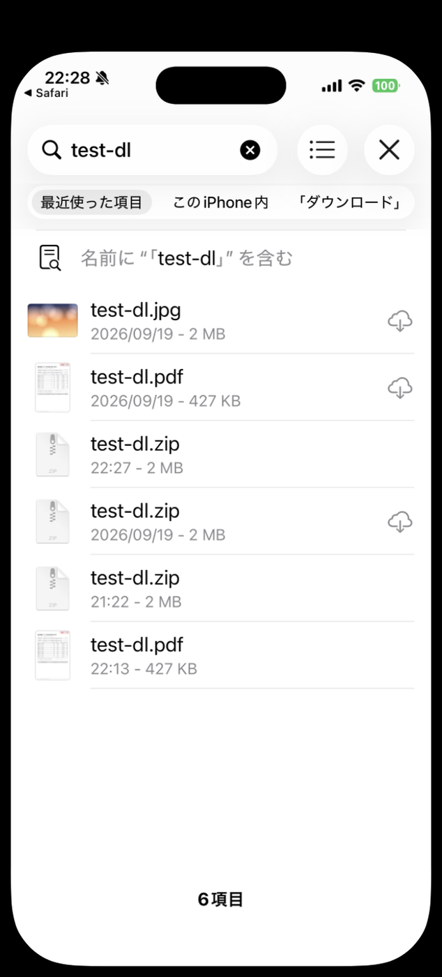 ファイルアプリでtest-dlを検索した結果。同じ名前のzipやpdfが日時とサイズ付きで6件並んでいる