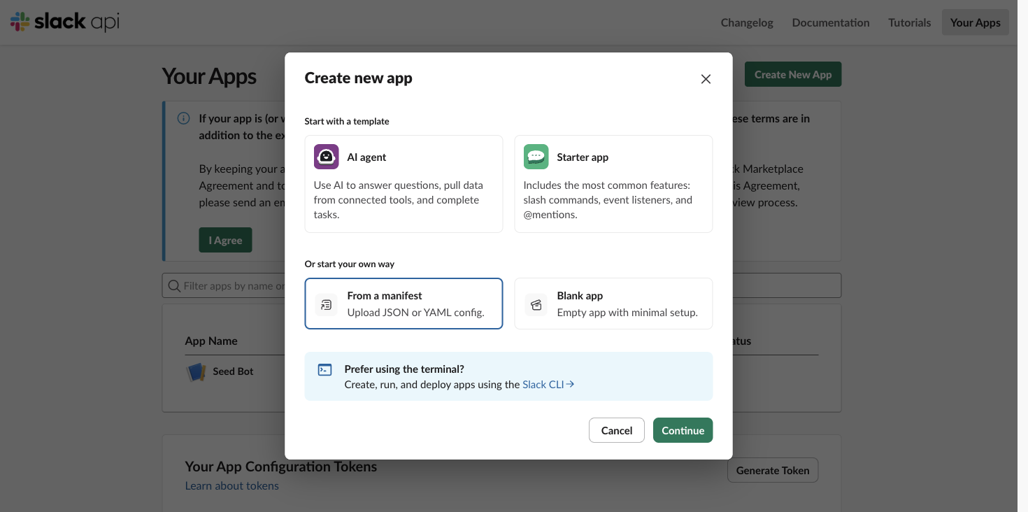 Slack APIの「Create new app」画面。「From a manifest」を選び、「Continue」を押す