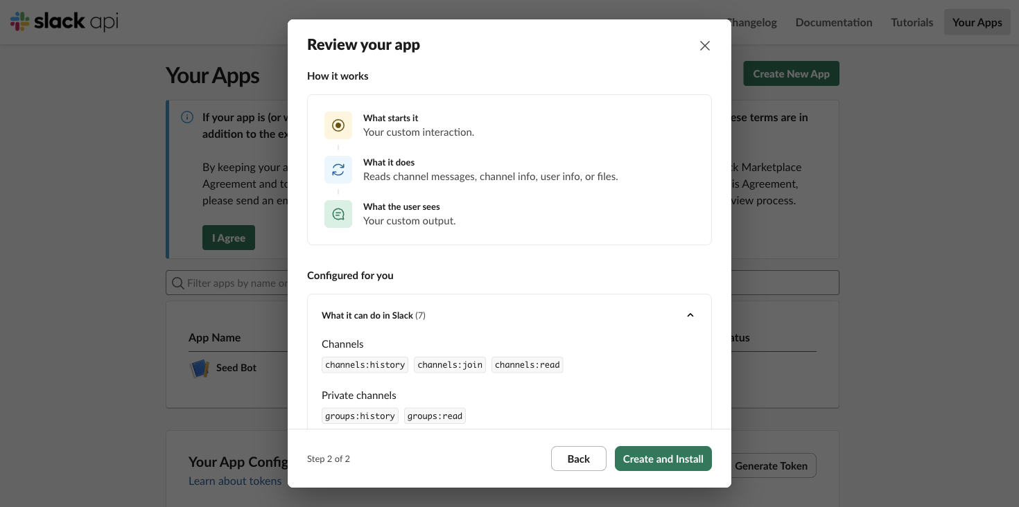 「Review your app」の画面。「What it can do in Slack (7)」に、channels:history・channels:join・channels:readなどのスコープが並んでいる