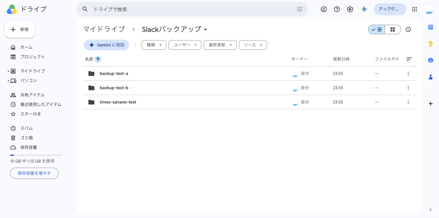 Googleドライブの「Slackバックアップ」フォルダ。中に、保存したチャンネル名（backup-test-a・backup-test-b・times-sanane-test）のフォルダが並んでいる
