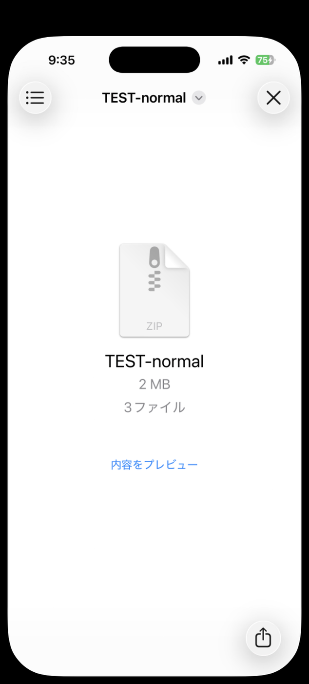 ZIPをクイックルックで開いた画面。TEST-normal、2 MB、3ファイル、内容をプレビューと表示されている