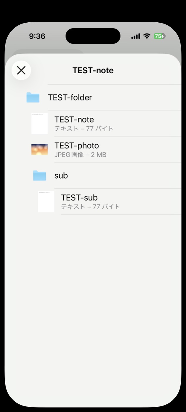 プレビューの一覧表示。TEST-folderの中にTEST-note、TEST-photo、subフォルダとTEST-subが階層で表示されている