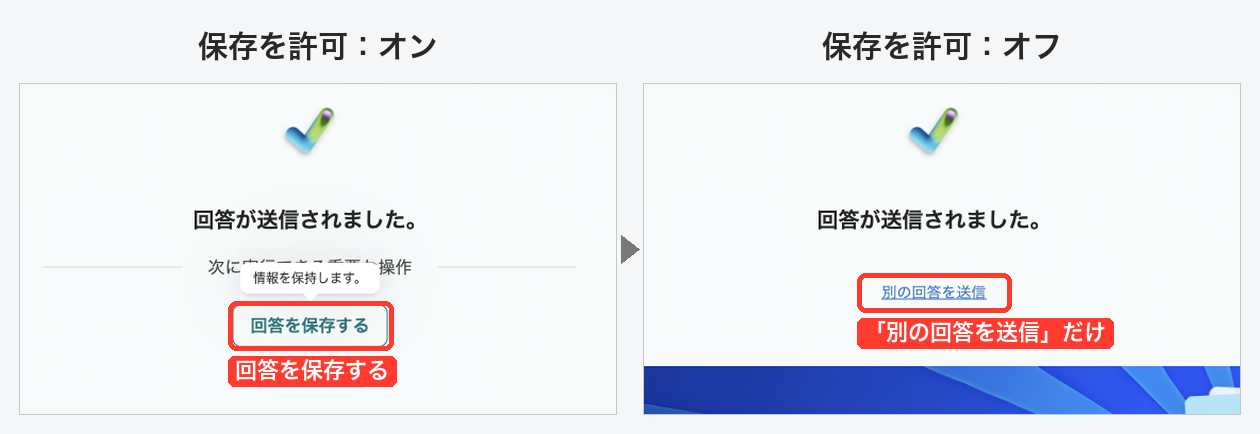 個人アカウントのFormsで、回答者に回答の保存を許可するをオンとオフにして送信した完了画面の比較。オンでは回答を保存するボタンが出て、オフでは別の回答を送信だけになる