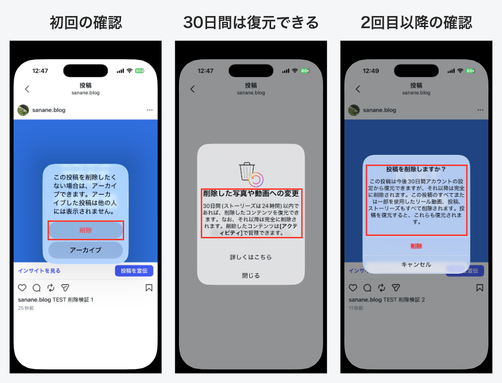 投稿を削除するときの確認画面。初回はアーカイブもすすめられ、削除後に30日間以内であれば復元できるという案内、2回目以降は投稿を削除しますか？の確認が出る