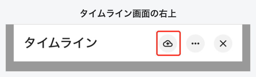 タイムライン画面の右上。雲のアイコン、…、閉じるボタンが並んでいる