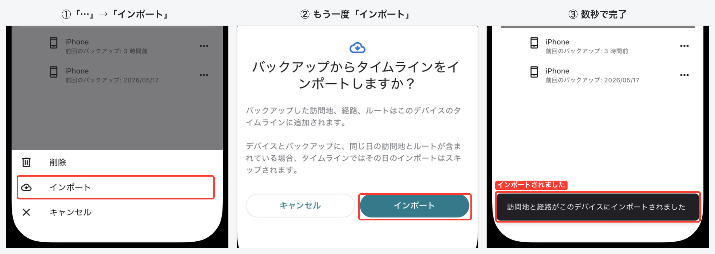 インポートの流れ。…メニューのインポート、「バックアップからタイムラインをインポートしますか？」の確認、「訪問地と経路がこのデバイスにインポートされました」の完了表示