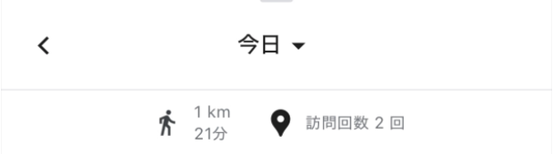 復元後のタイムラインの今日。徒歩1 km 21分、訪問回数2回と表示されている