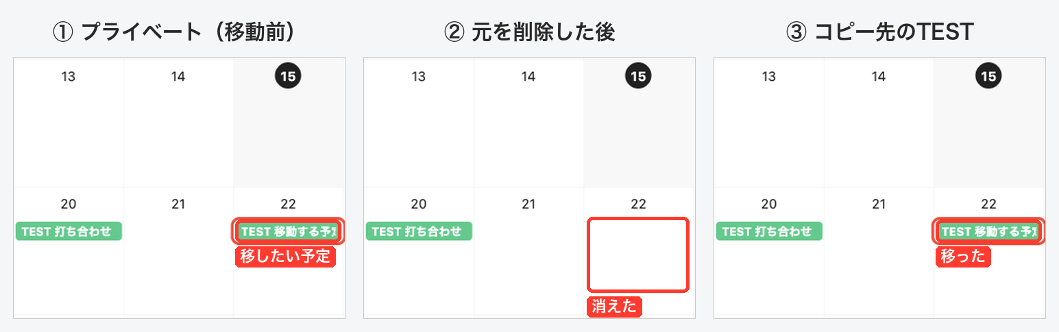 予定を移動する前後の比較。プライベートの10月22日にあった予定が、元を削除した後は消え、TESTカレンダーの同じ日に入っている