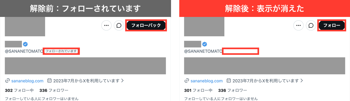 解除された側から見たプロフィールの比較。解除前はユーザー名の横にフォローされていますの表示とフォローバックボタン、解除後は表示が消えボタンがフォローになった